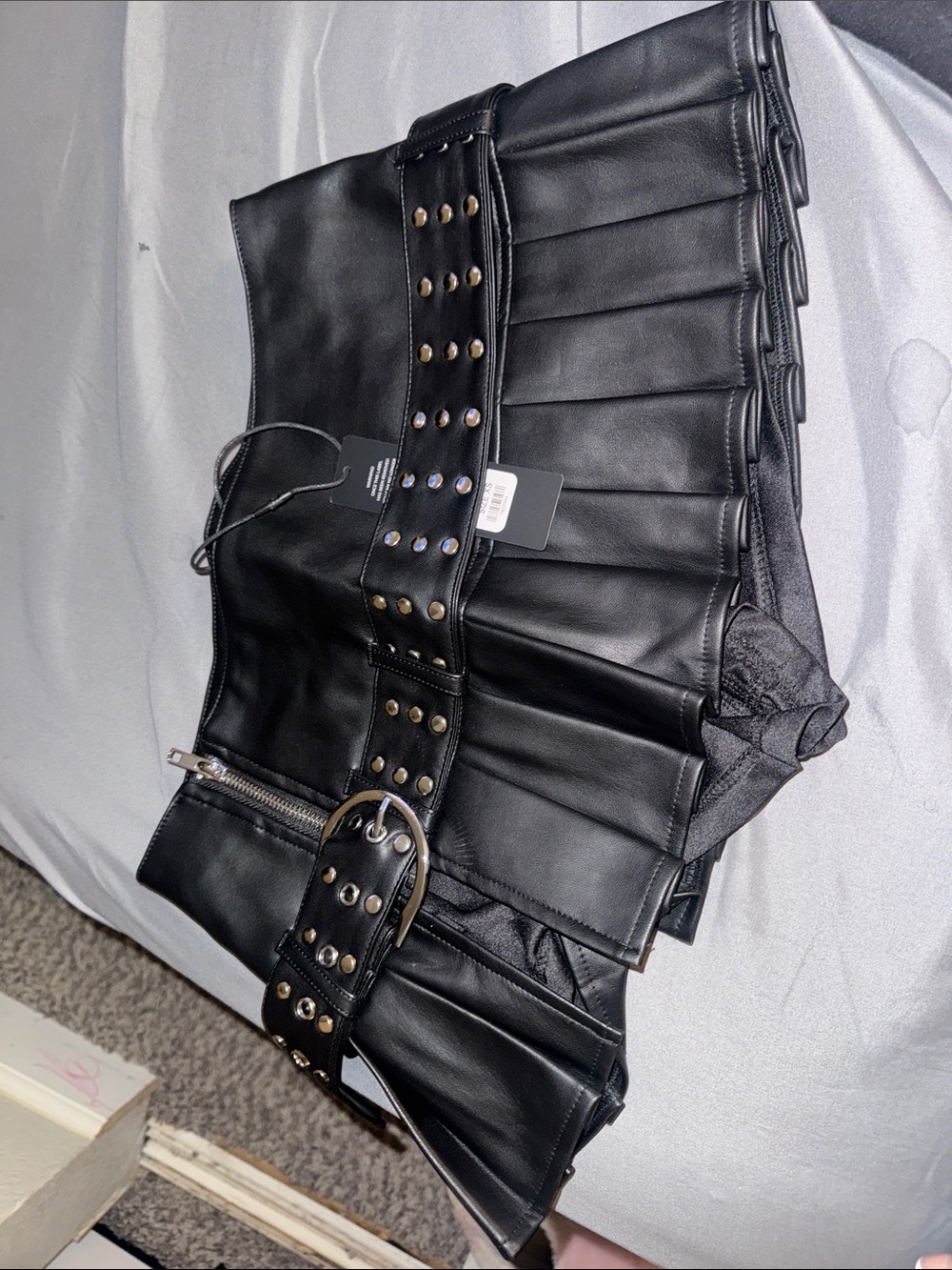 Black Faux Leather Pleated Mini Skort with Studded Belt - Picture 4 of 4